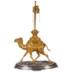 Antique French, Orientalist Style, Silver and Gilt Bronze Camel Group Lamp