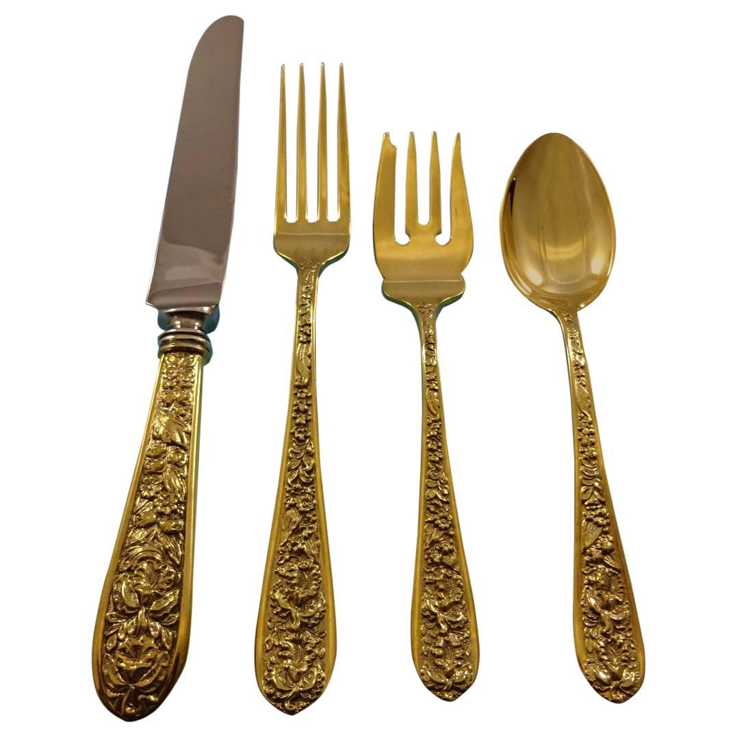 Corsage by Stieff Sterling Silver Flatware Service 12 Set Vermeil Gold