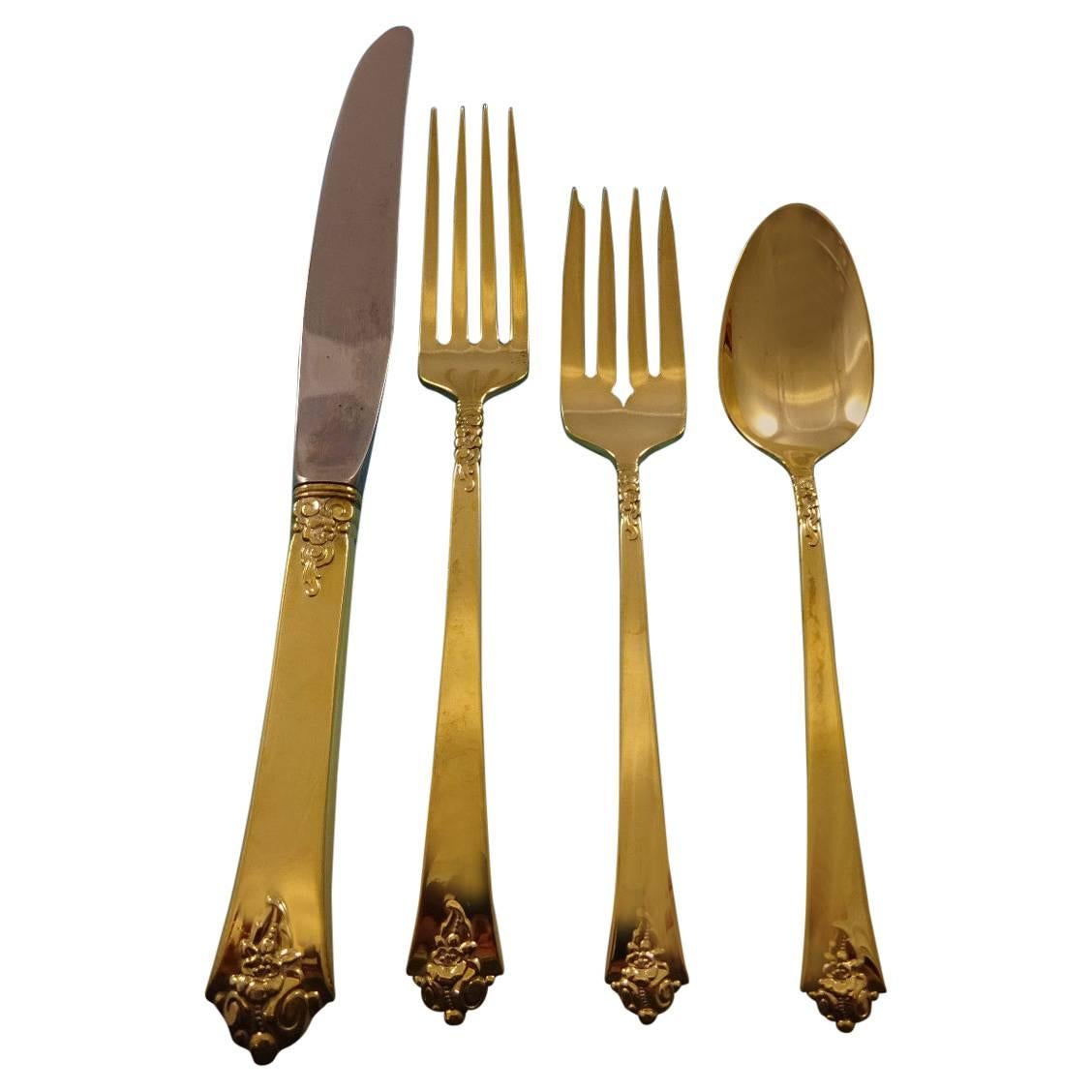 Castle Rose by Royal Crest Sterling Silver Flatware Service 12 Set Vermeil Gold For Sale