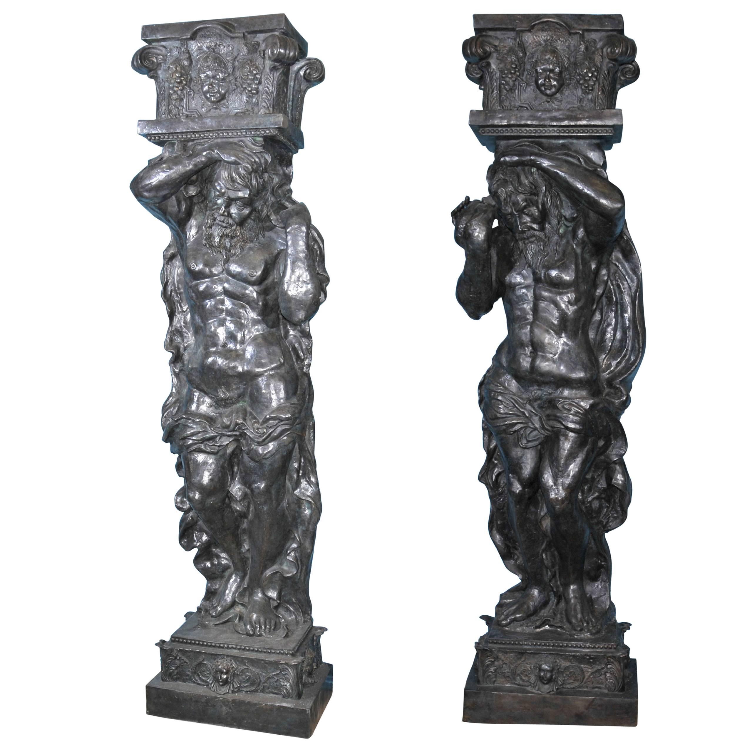 Pair of Bronze Atlas Male Figurine Statues Architectural For Sale