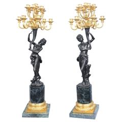 Pair of French Bronze Candelabras Signed Cauvet Ormolu Candles