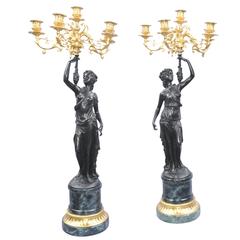 Pair of French Louis XV Style Bronze Female Candelabra Figurines Ormolu