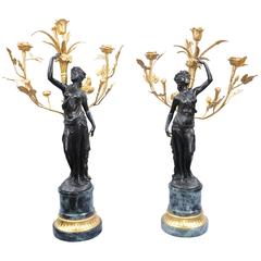 Vintage Pair of French Bronze Cherub Candelabras Signed Moreau