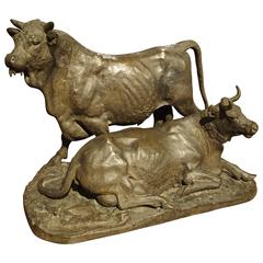 Antique French Bronze of a Bull and Cow, Christophe Fratin, Early to Mid 1800s