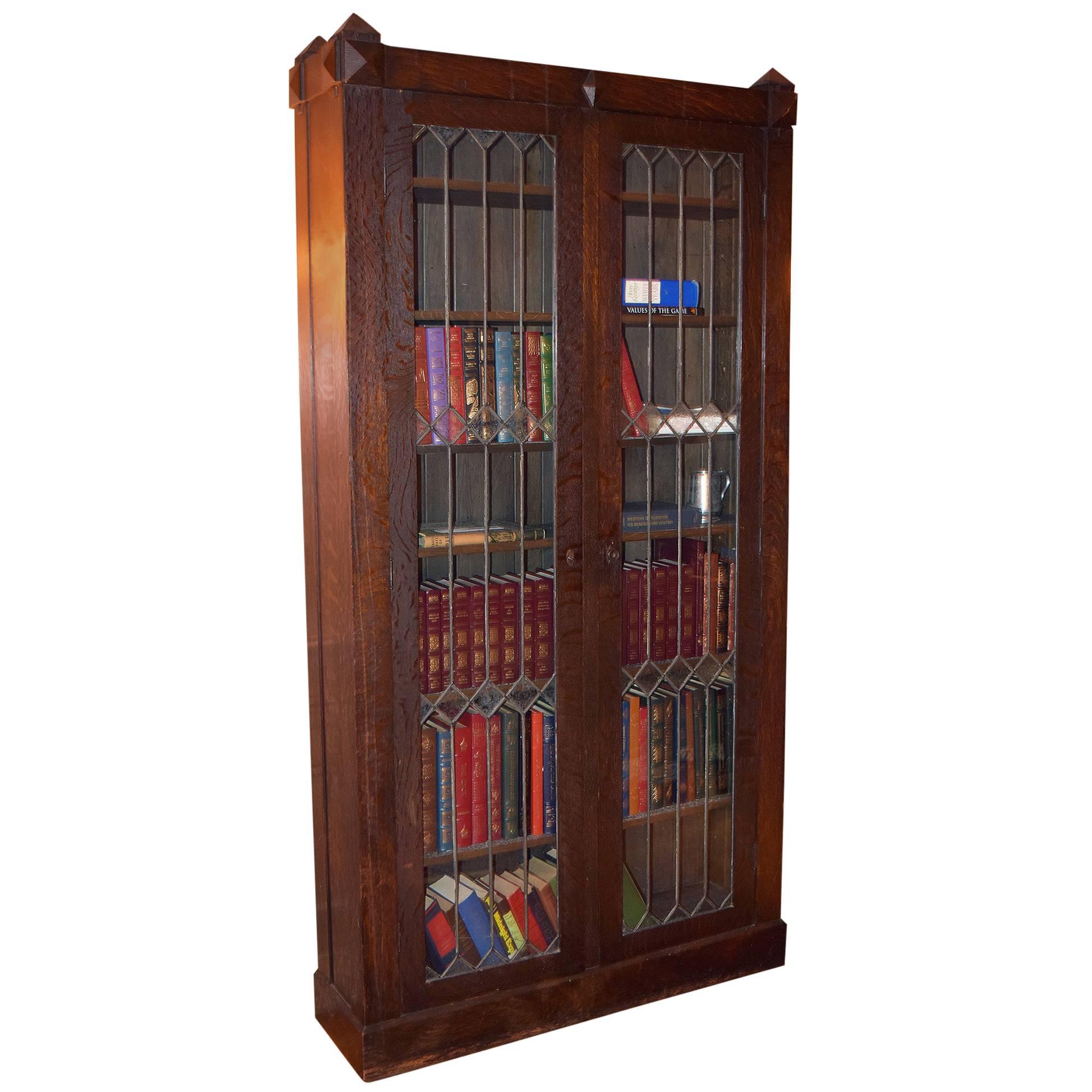 Arts and Crafts Style Oak Bookcase with Leaded Glass Doors For Sale