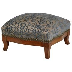 19th Century French Louis XV Walnut Footstool with Blue Cut Velvet Fabric