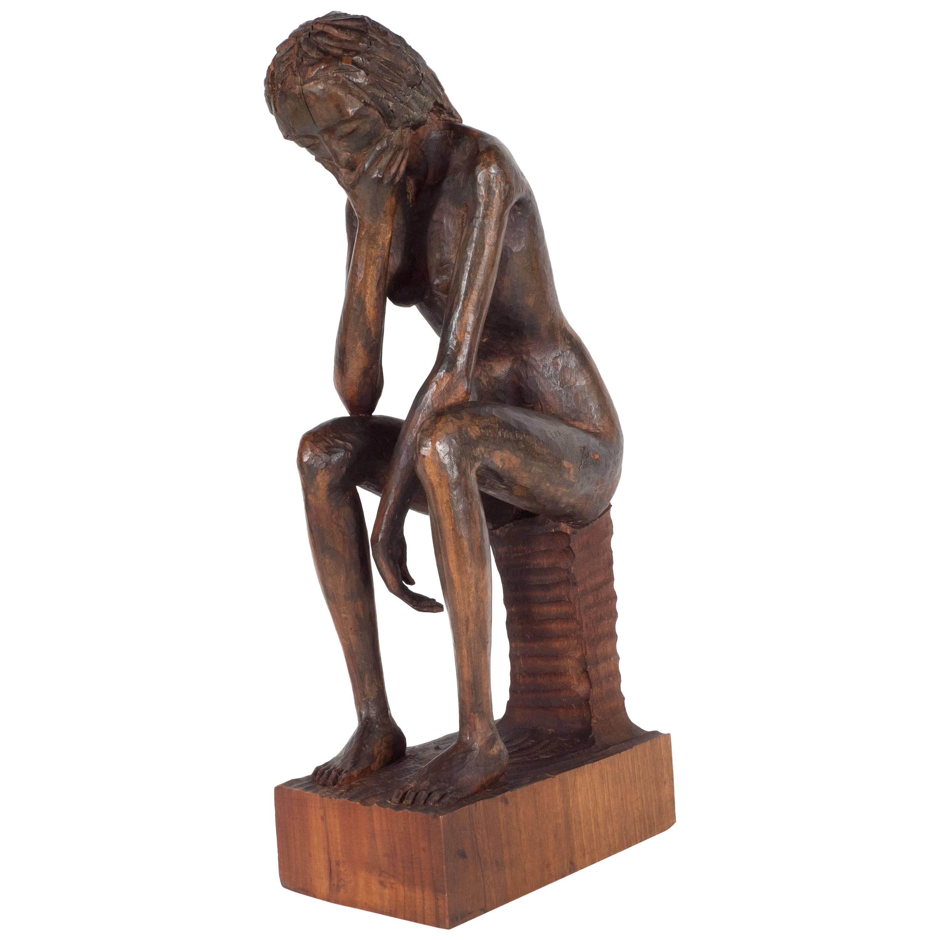 Hand-Carved Wood Contemplative Seated Nude Sculpture by Aldo Calo