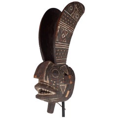 19th Century Bwa Mask Burkina Faso Mounted on Custom Black Enamel Stand