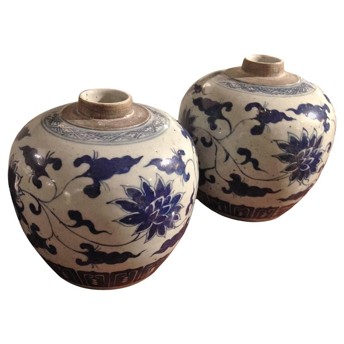 Pair of Chinese Qing Guangxu Blue and White Porcelain Melon Jars