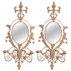 Pair of Two-Candle Dusty Rose Painted Metal Sconces with Mirror