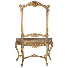 Used Louis XVI Style Console Table and Mirror Set Gilt Wood Giltwood