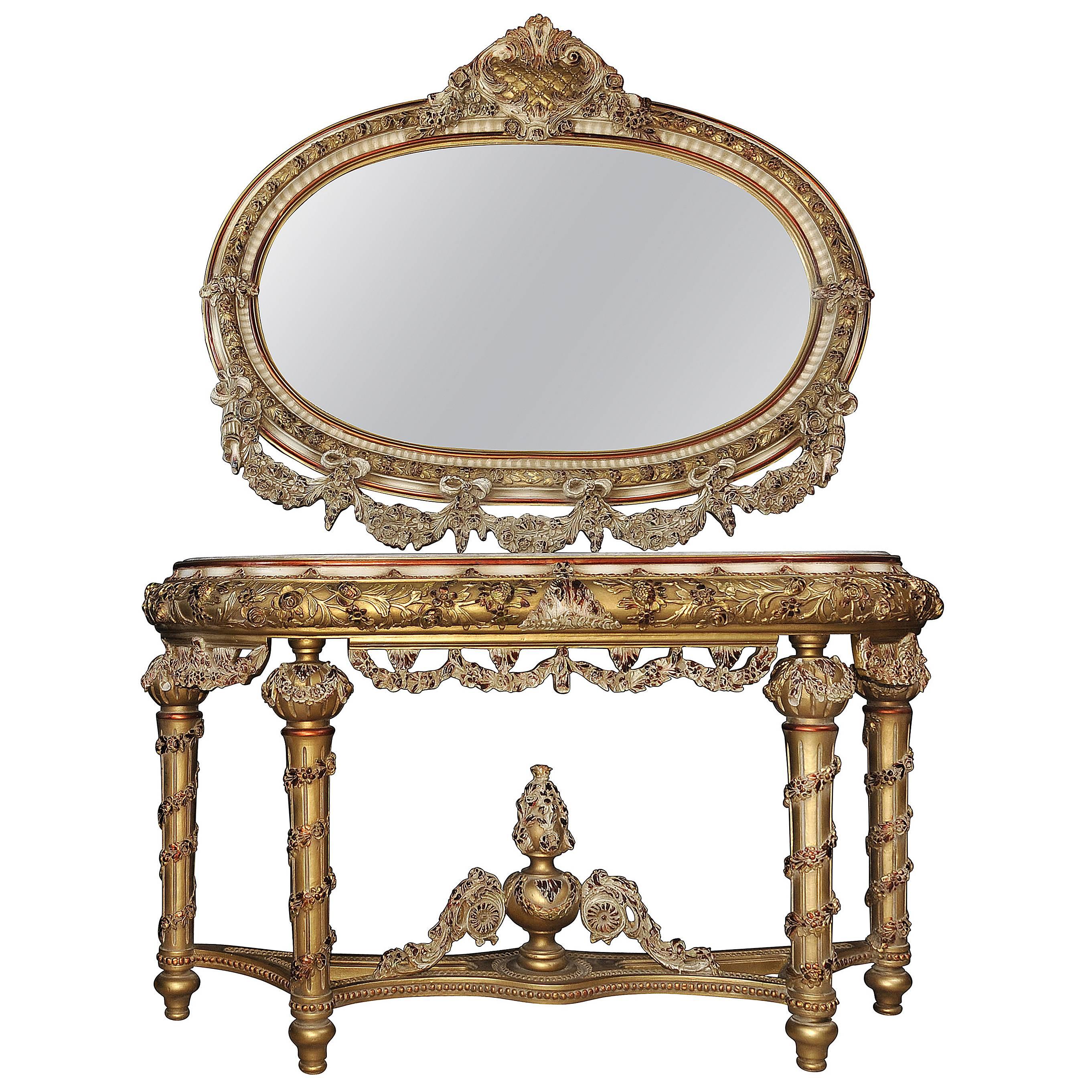 Louis XVI Style Painted Console Table and Mirror Set Rococo Furniture For Sale