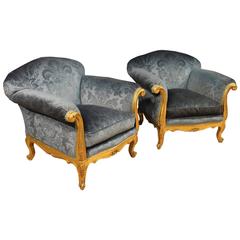 Vintage 20th Century Pair of French Golden Armchairs in Blue Velvet
