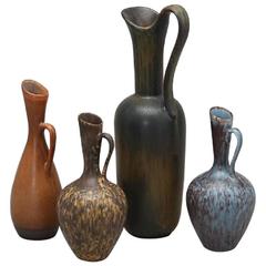 Gunnar Nylund, Rørstrand Four Jugs, Stoneware Glaze in Blue, Brown, Yellowbrown