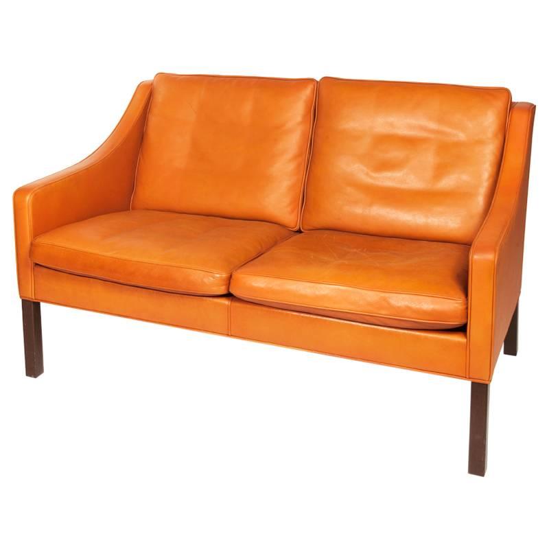 Børge Mogensen, Orange Leather Two-Seat Sofa, 1960s For Sale