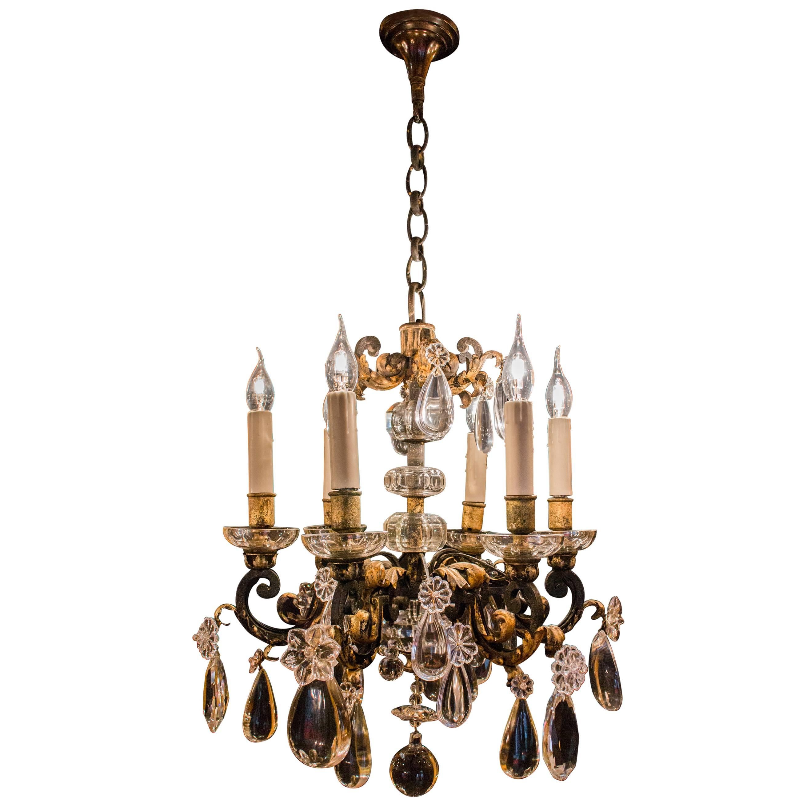 French Iron and Crystal Chandelier Attributed to Maison Baguès, circa 1940