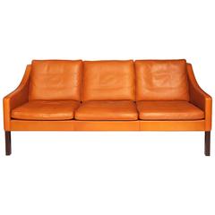 Børge Mogensen, Orange Leather Three-Seat Sofa, 1960s