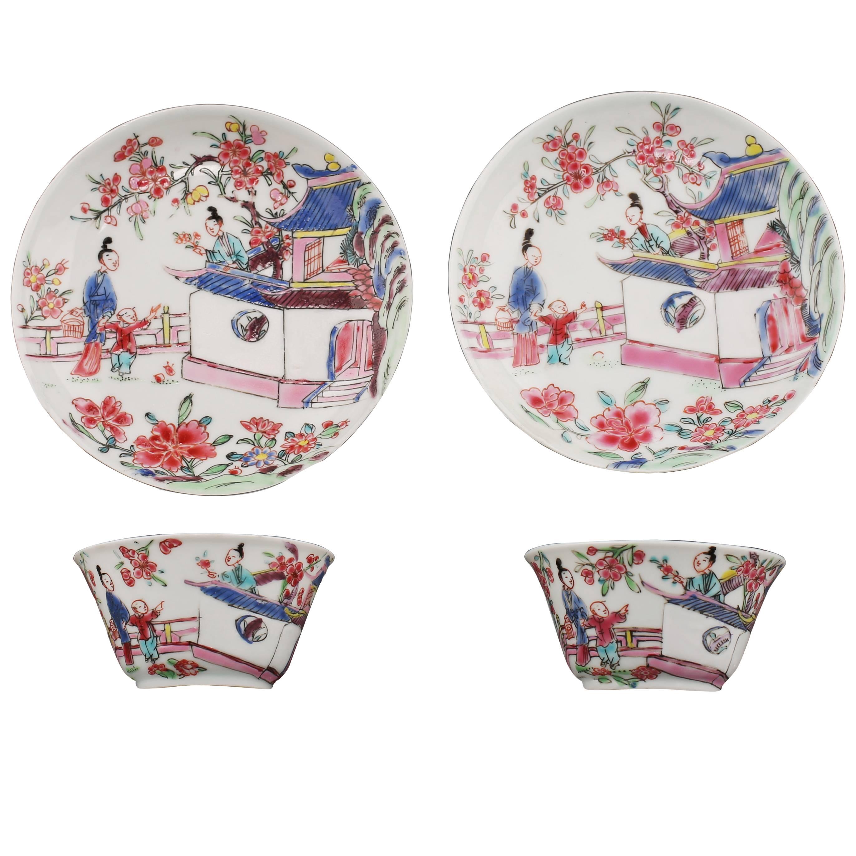Pair of Chinese Porcelain Famille Rose Tea Bowls and Saucers, 18th Century For Sale