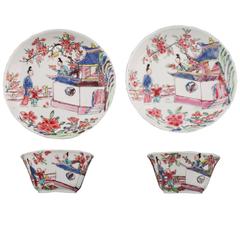 Antique Pair of Chinese Porcelain Famille Rose Tea Bowls and Saucers, 18th Century