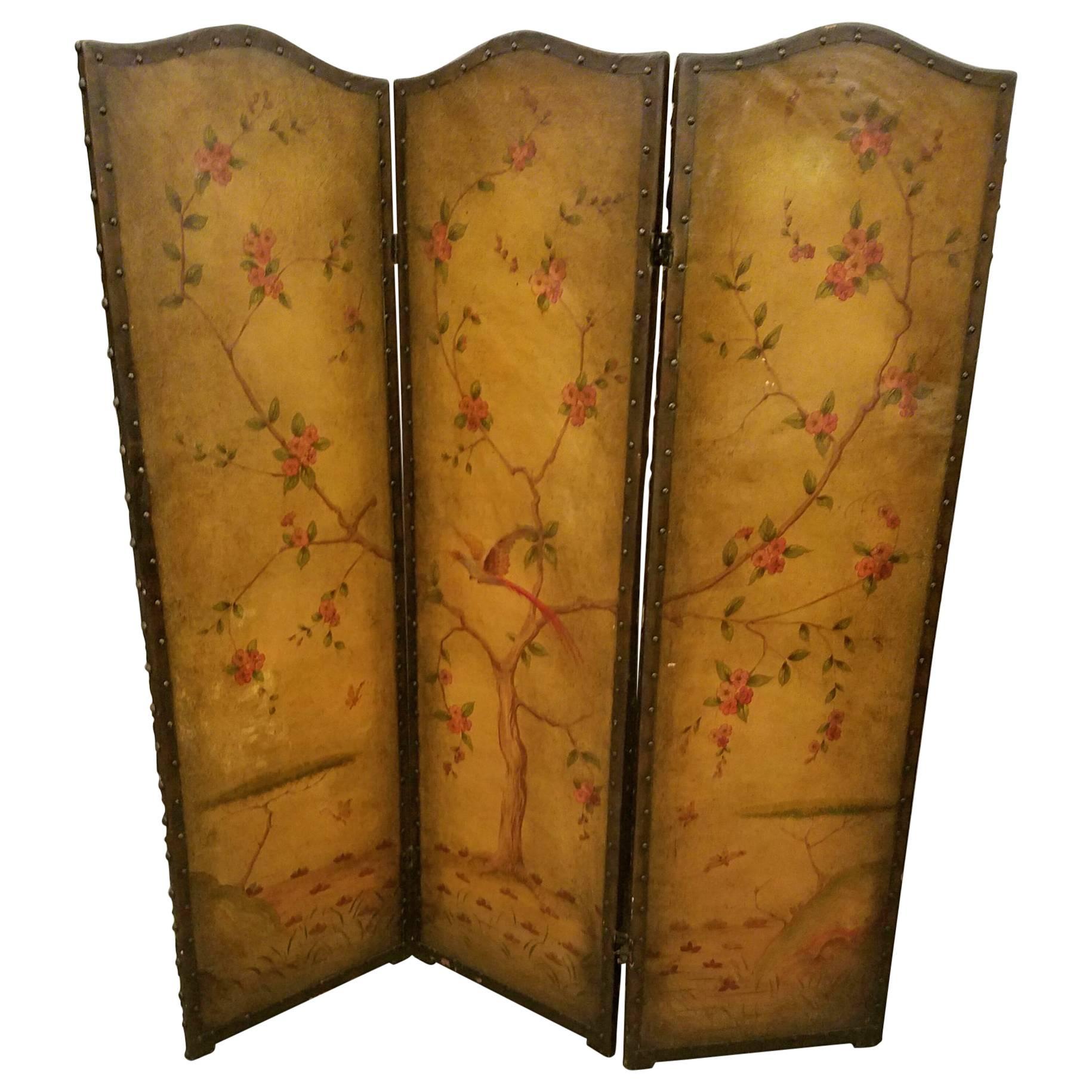 Hand-Painted Leather Three-Panel Folding Screen For Sale