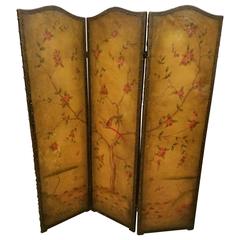 Hand-Painted Leather Three-Panel Folding Screen