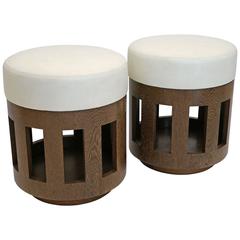 Pair of Round, Slated Cerused Oak Stools with Upholstered Seats, Italy, 1960s