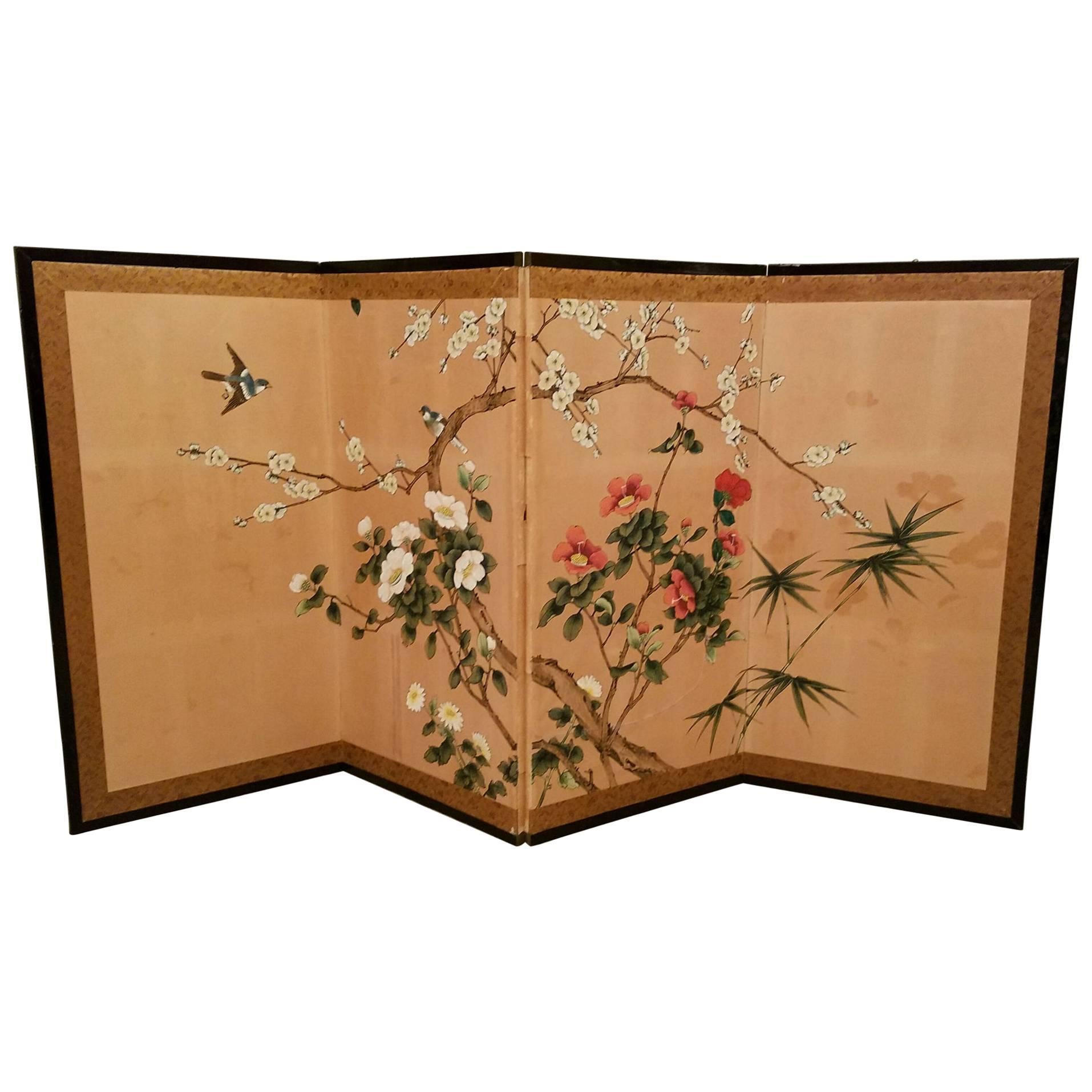 Antique Japanese Hand-Painted Four-Panel Folding Table Screen For Sale