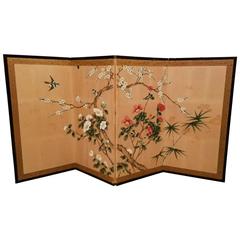 Antique Japanese Hand-Painted Four-Panel Folding Table Screen
