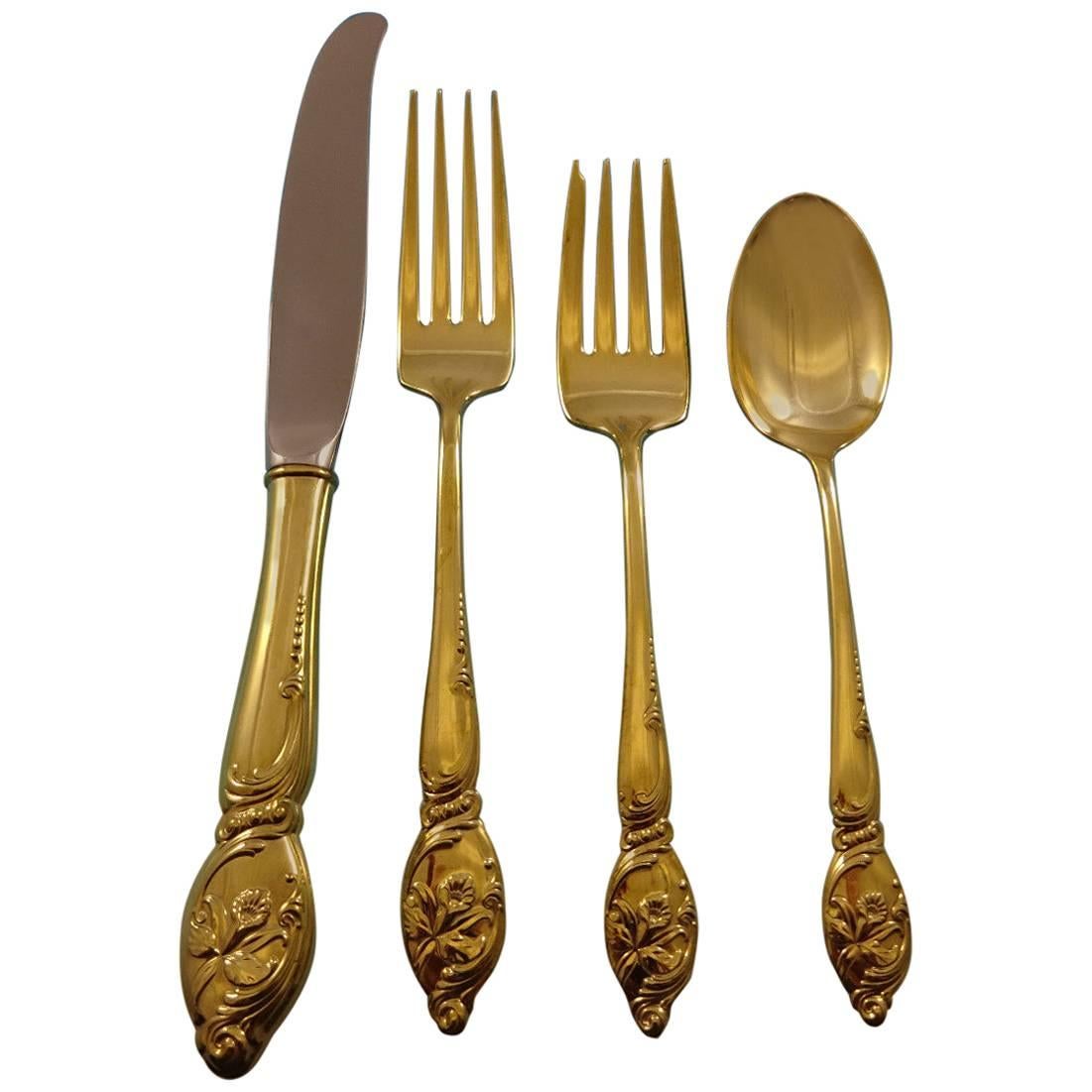 Enchanting Orchid by Westmorland Sterling Silver Flatware Service 12 Set Gold For Sale