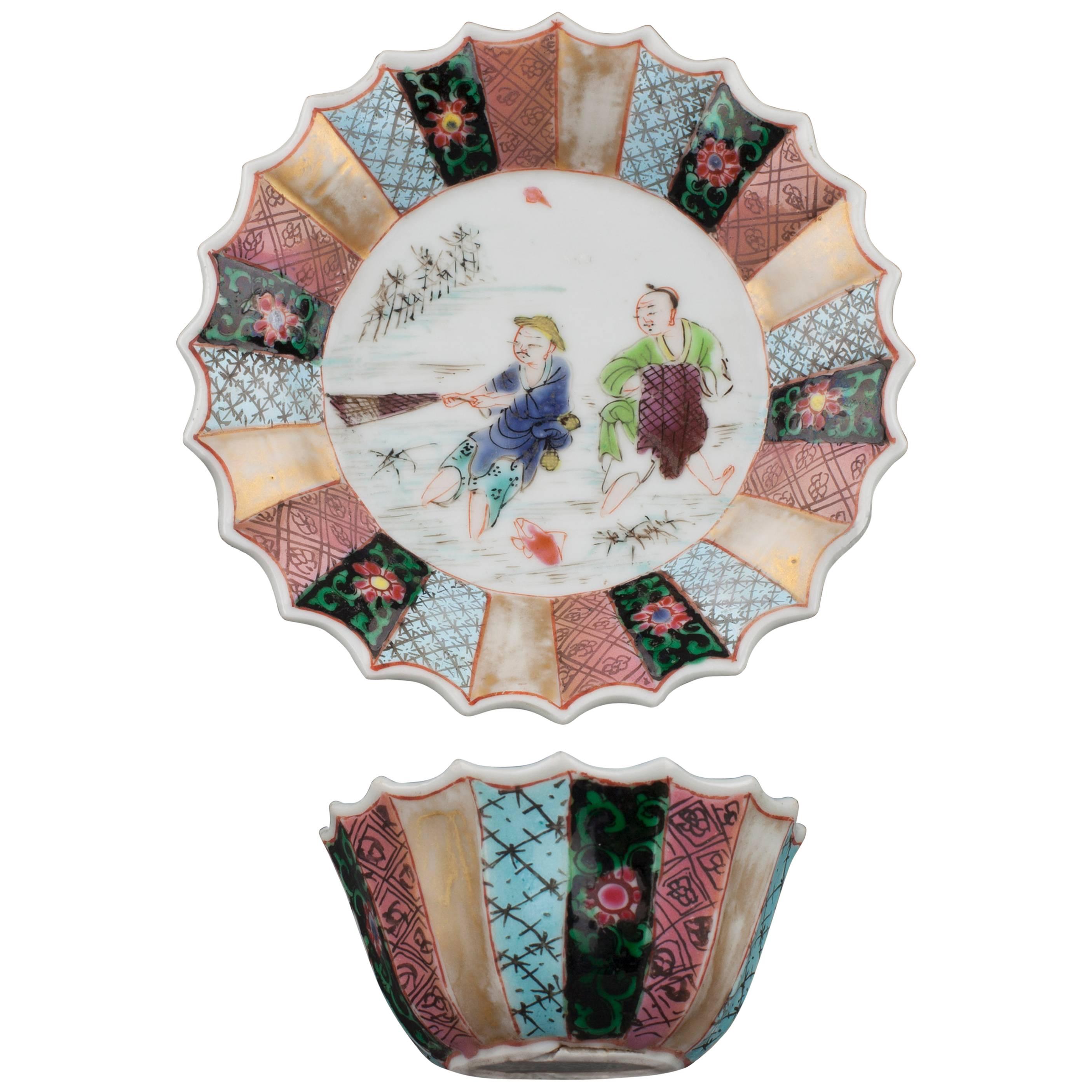 Chinese Porcelain Famille Rose Tea Bowl and Saucer, Fishermen, Yongzheng