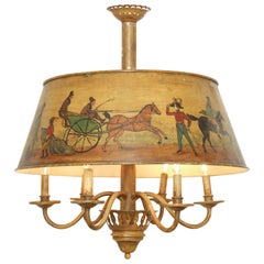 Original Edwardian Six-Light Chandelier with Hand-Painted Vellum Lampshade