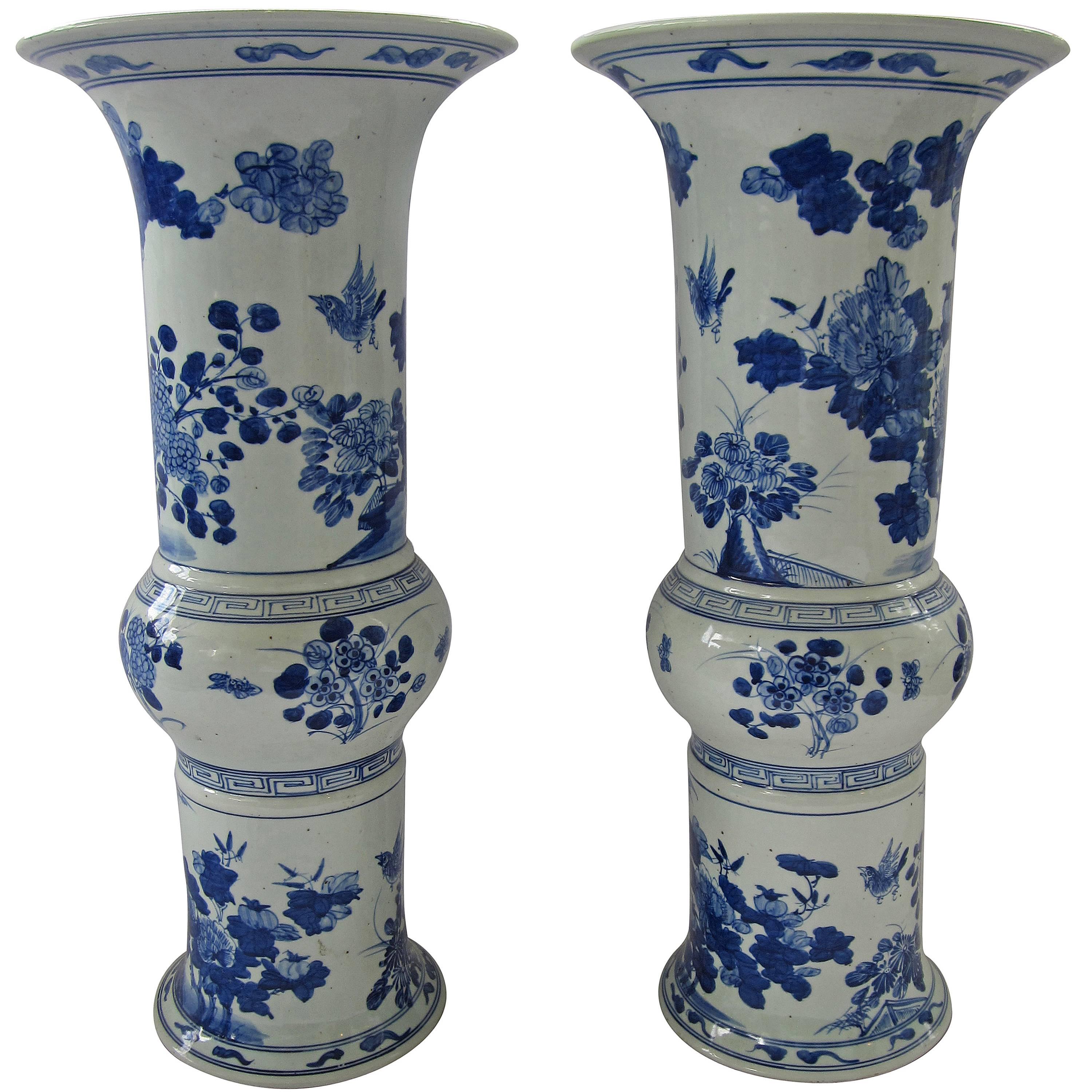 Pair of Large Blue and White Chinese Trumpet Vases