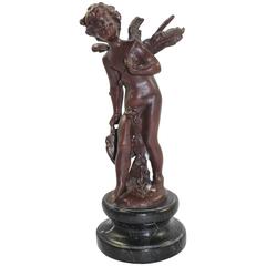 Classical Style Bronze Cherub on Marble Base Statue