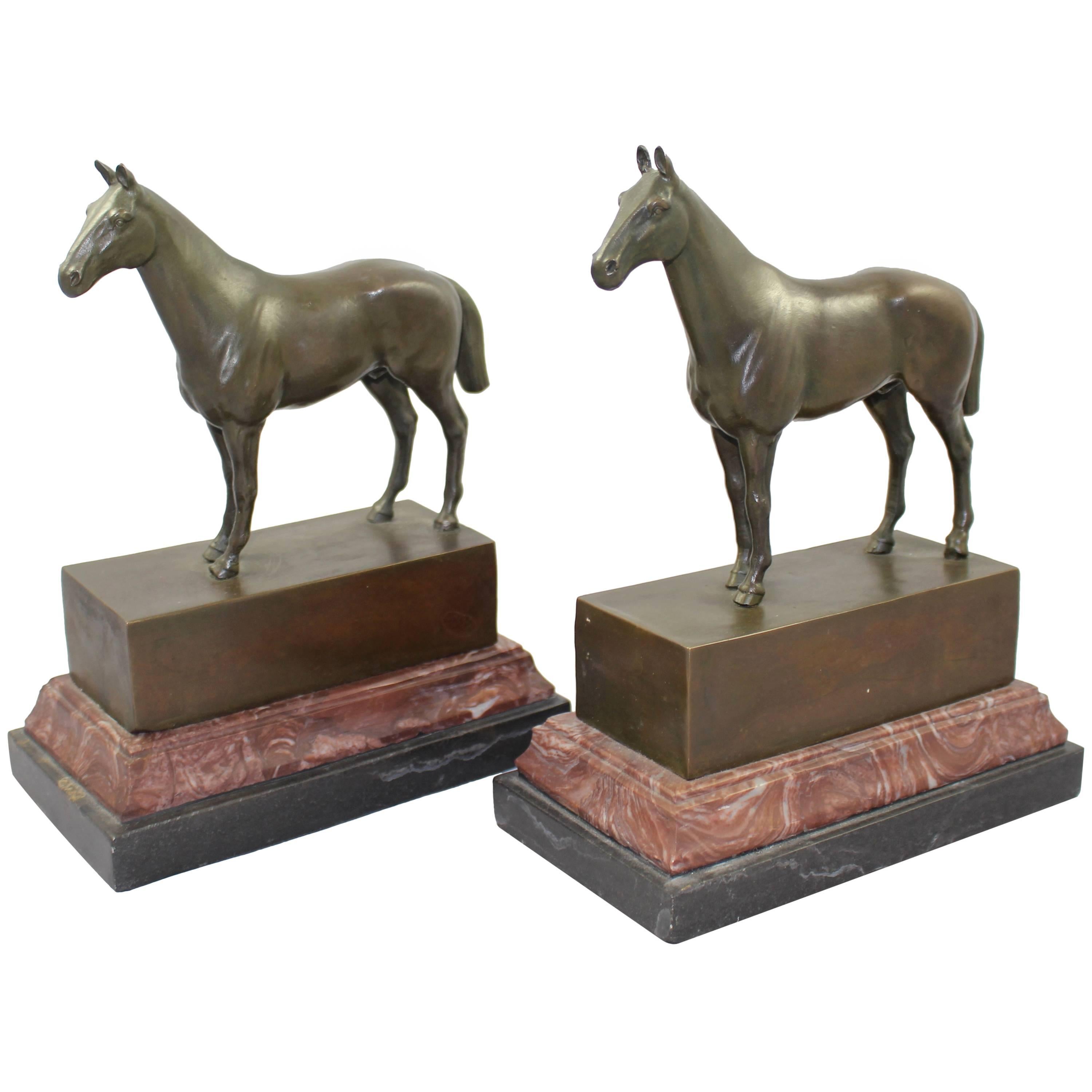 Pair of Bronze and Marble Horse Bookends
