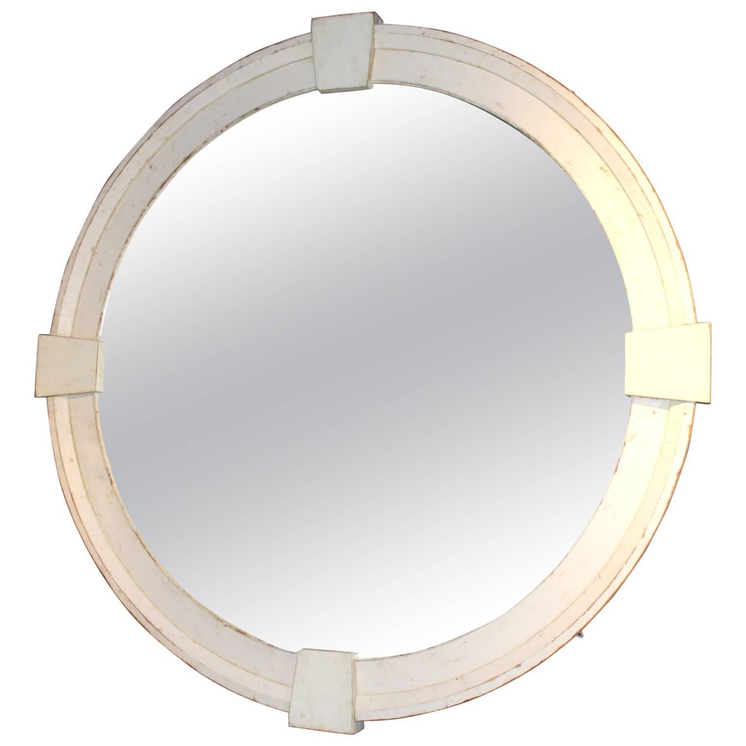 Monumental Round Wood Framed Mirror with Architectural Keystone Decoration