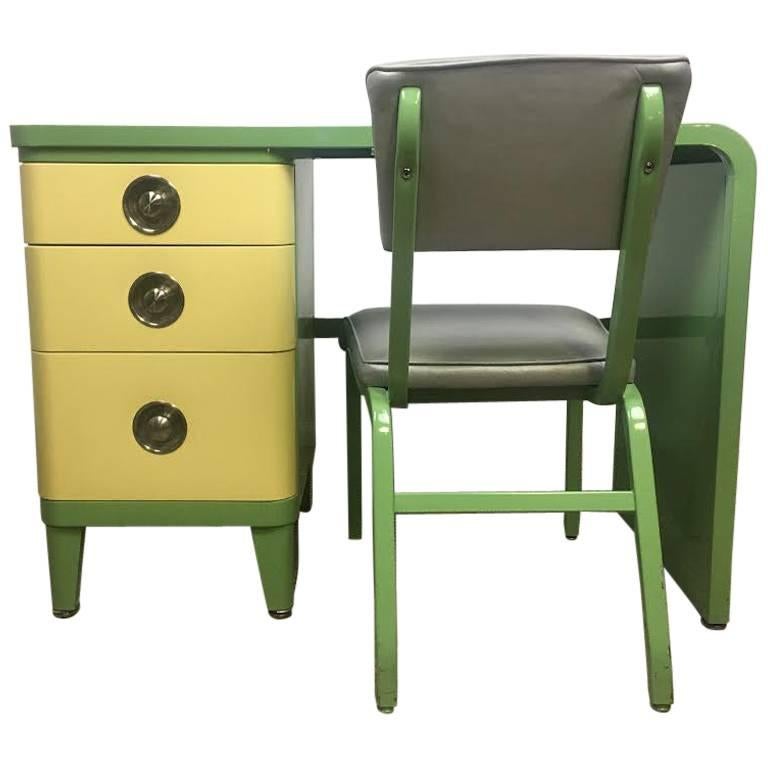 Norman Bel Geddes Art Deco Two-Toned, Three-Drawer Desk and Chair