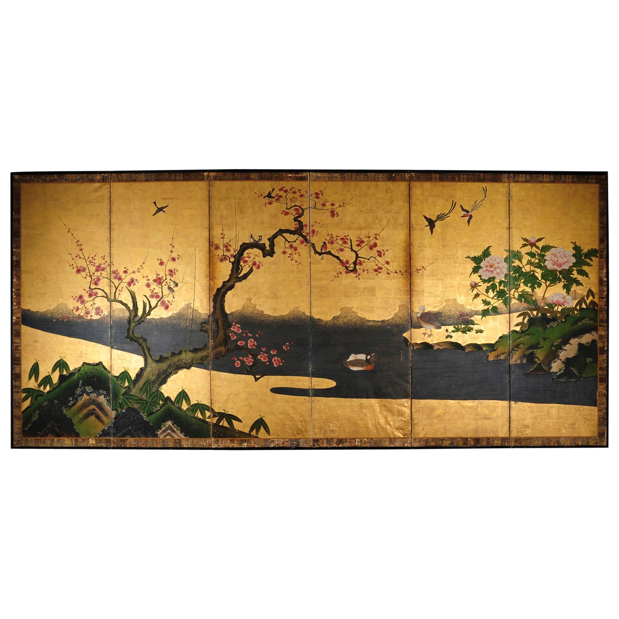 18th Century Antique Japanese Gold Leaf Screen with Blossoms and Birds