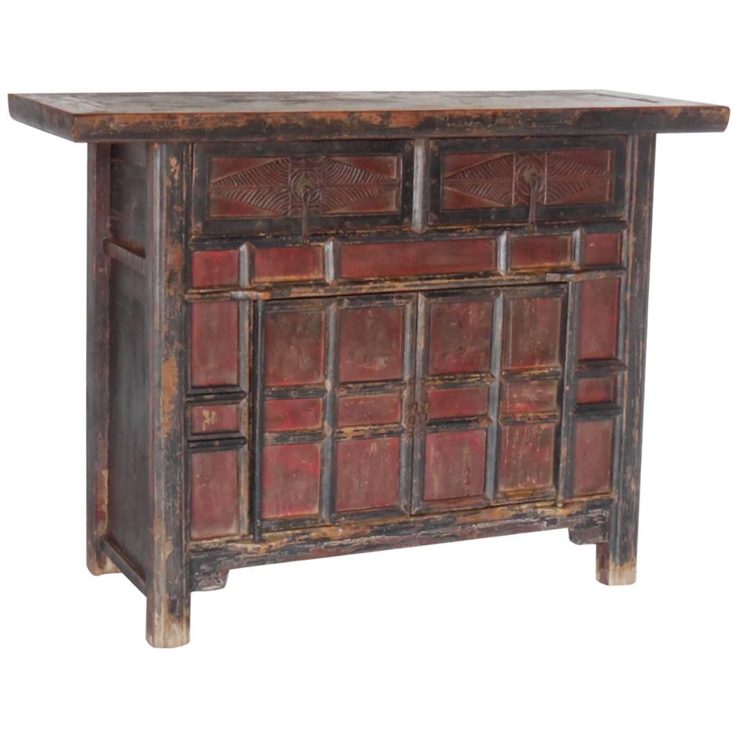 18th Century Antique Chinese Red and Black Painted Cabinet