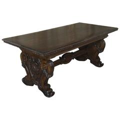 Antique Italian Hand-Carved Walnut Baroque Desk Table w/ Foliates & Dolphins