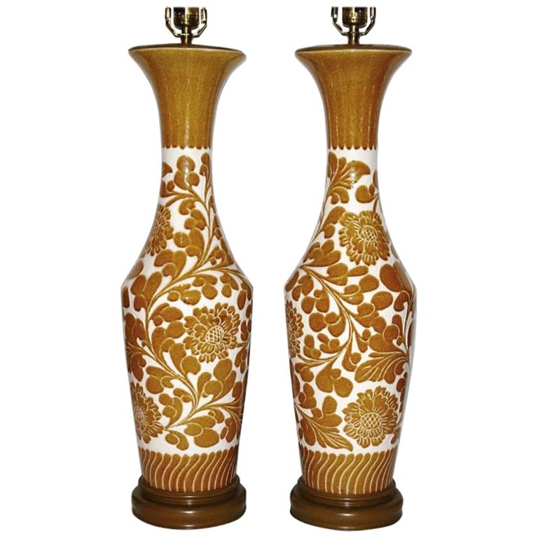 Pair of Large Floral Porcelain Table Lamps For Sale