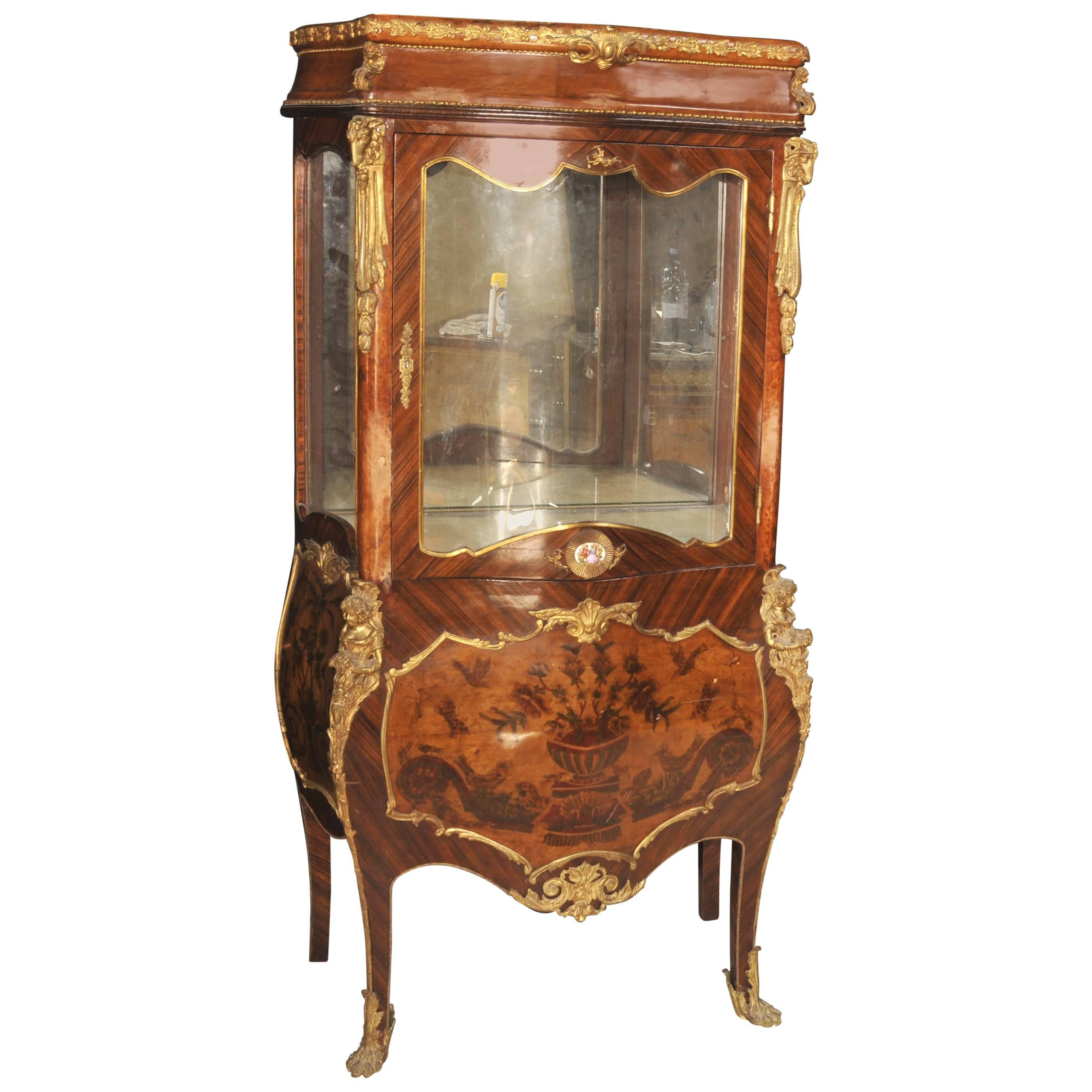 Antique French Empire Glass Display Cabinet Bijouterie Marquetry Inlay, 1900 For Sale