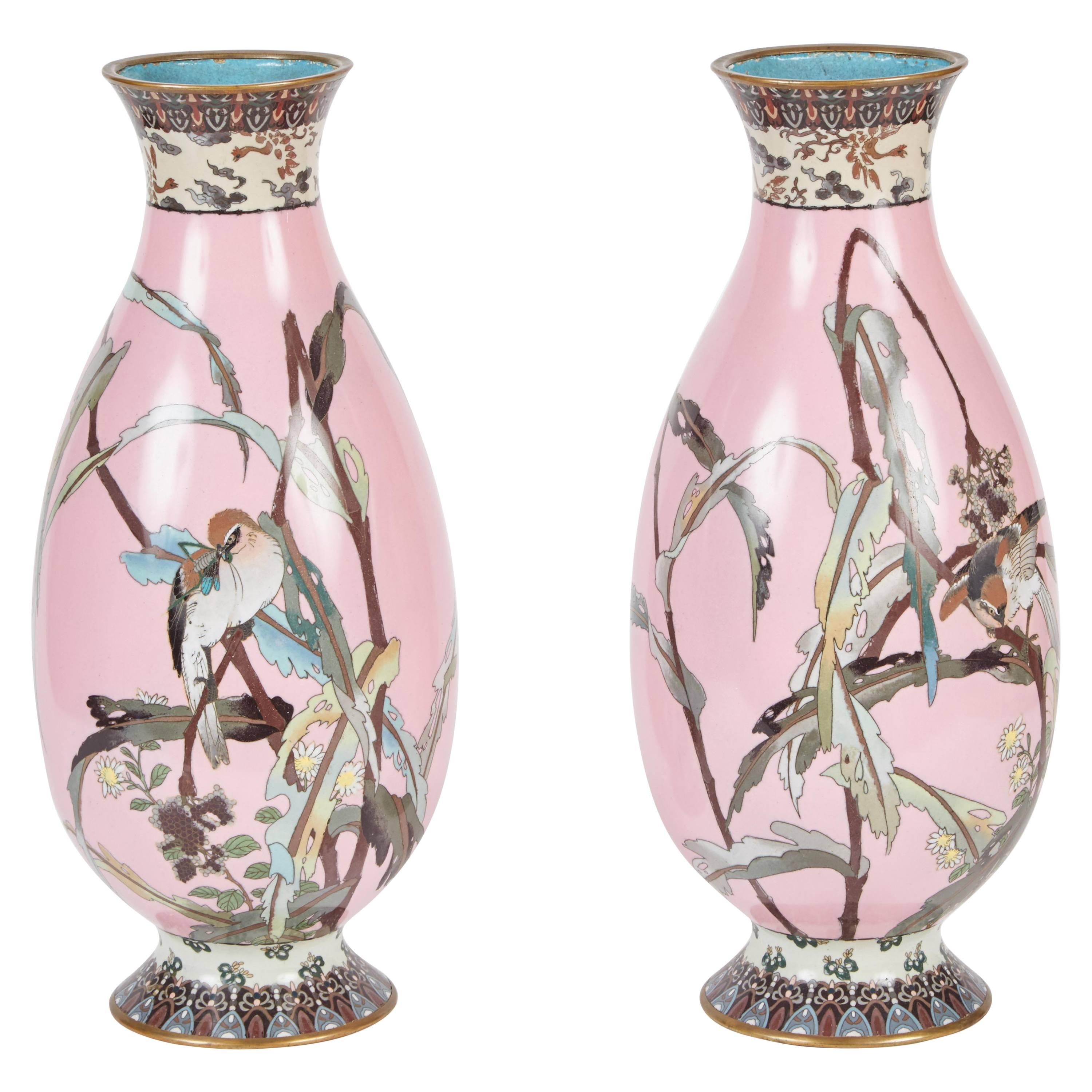Rare Pair of Japanese Late 19th Century Pink Cloisonné Vases