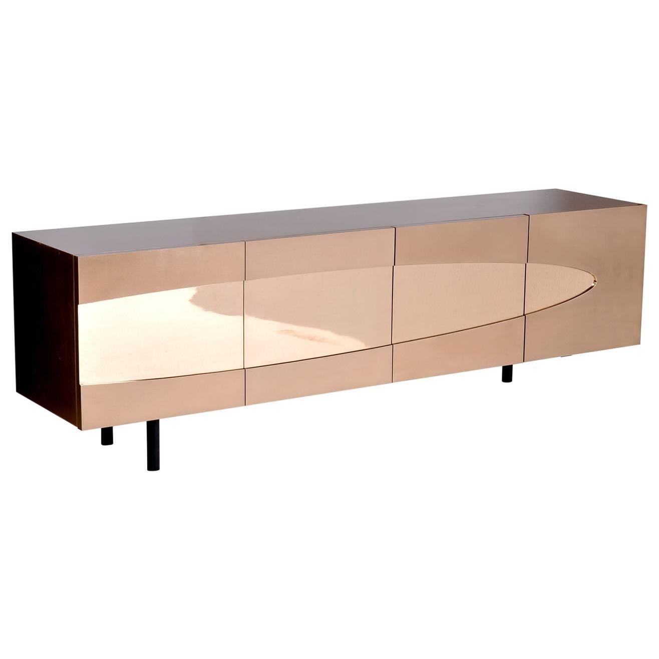 Ellipse Sideboard in Bronze with Turned Ebony Legs and Lacquer Interior For Sale