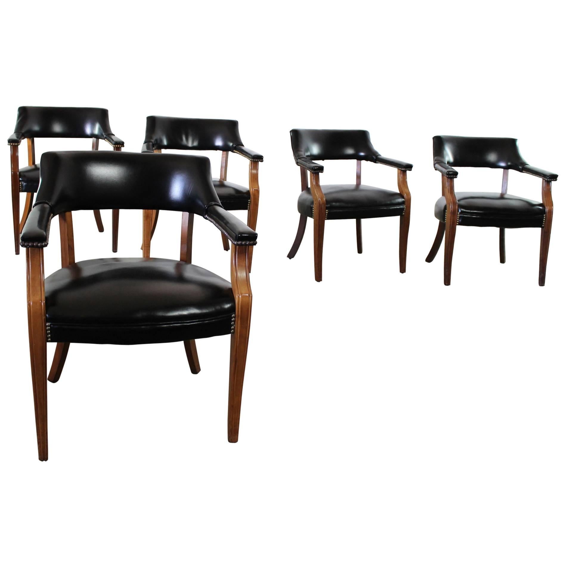 Vintage Walnut and Black Faux Leather Captain Chairs with Nailhead Detail