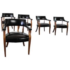 Retro Walnut and Black Faux Leather Captain Chairs with Nailhead Detail