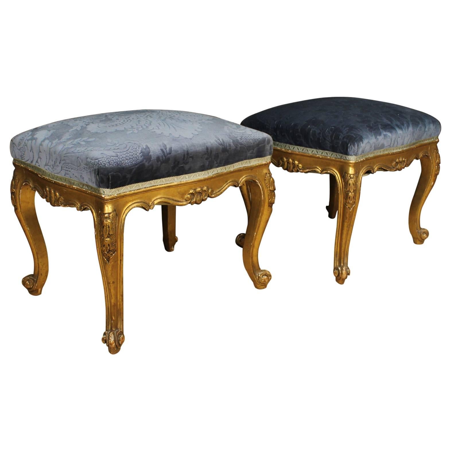20th Century Pair of French Golden Footstools in Blue Velvet