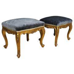 Vintage 20th Century Pair of French Golden Footstools in Blue Velvet