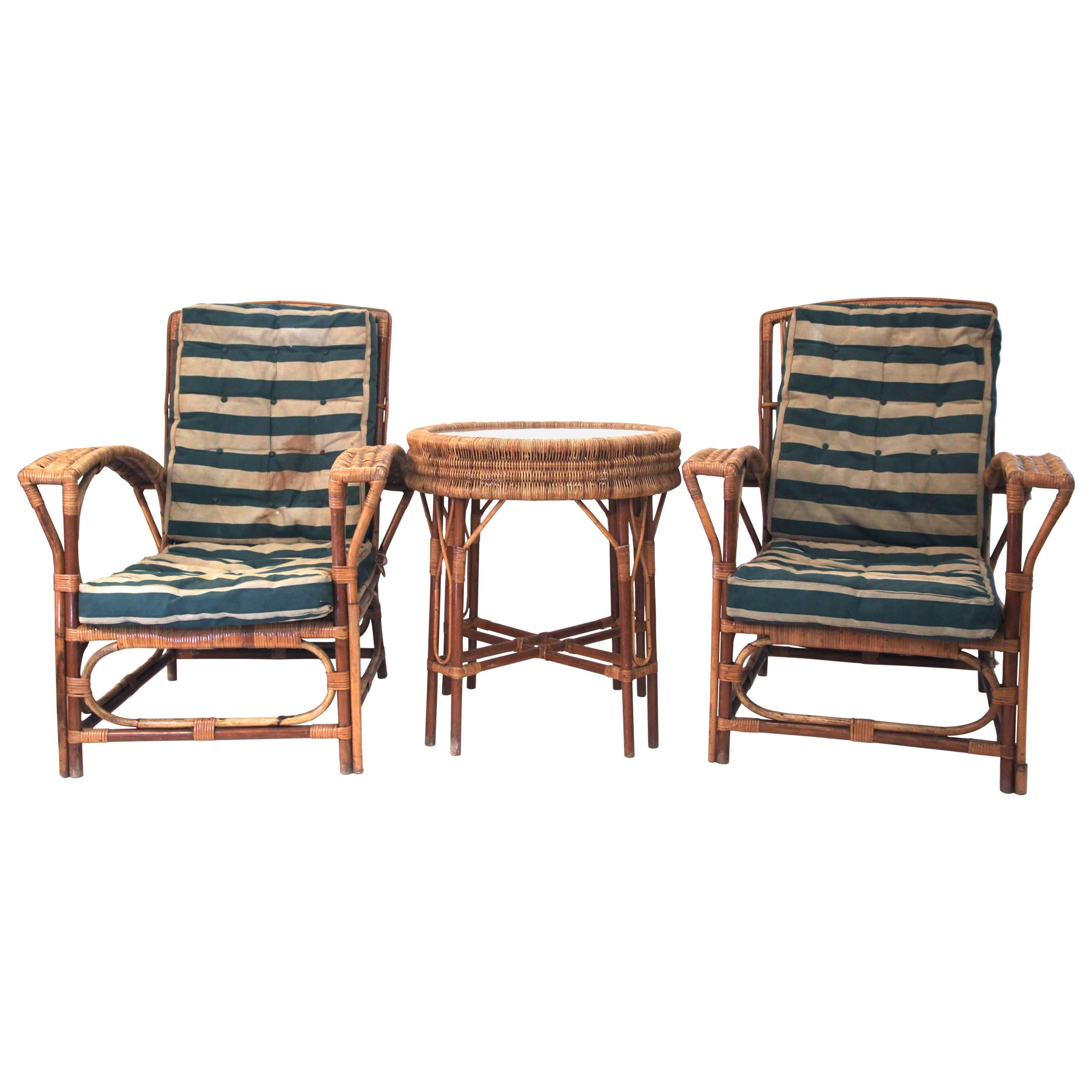 Set of Four Chairs and Center Table, Rattan, circa 1960, France