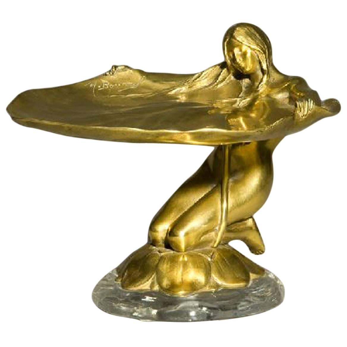 Maurice Bouval, "Femme Nénuphar", an Art Nouveau Gilt Bronze Pin Tray For Sale