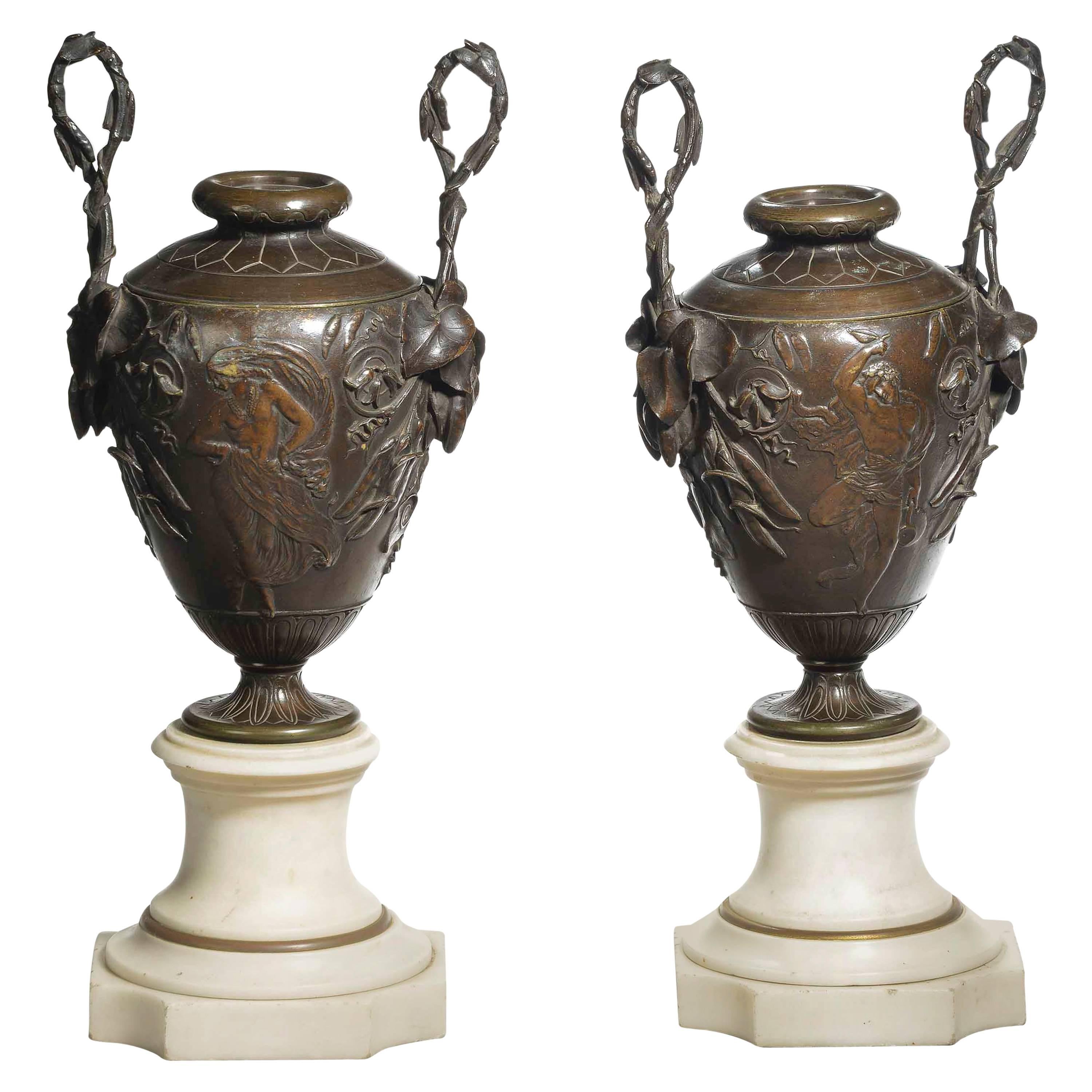 Fine Pair of Patinated Bronze and Marble Urn Shaped Vases For Sale